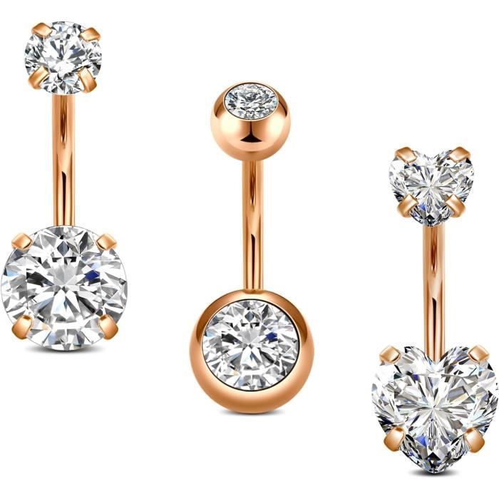 Beydodo 14g Piercing Nombril Acier Inoxydable, Bijoux De Corps Femme Sexy Zircone Double Coeur
