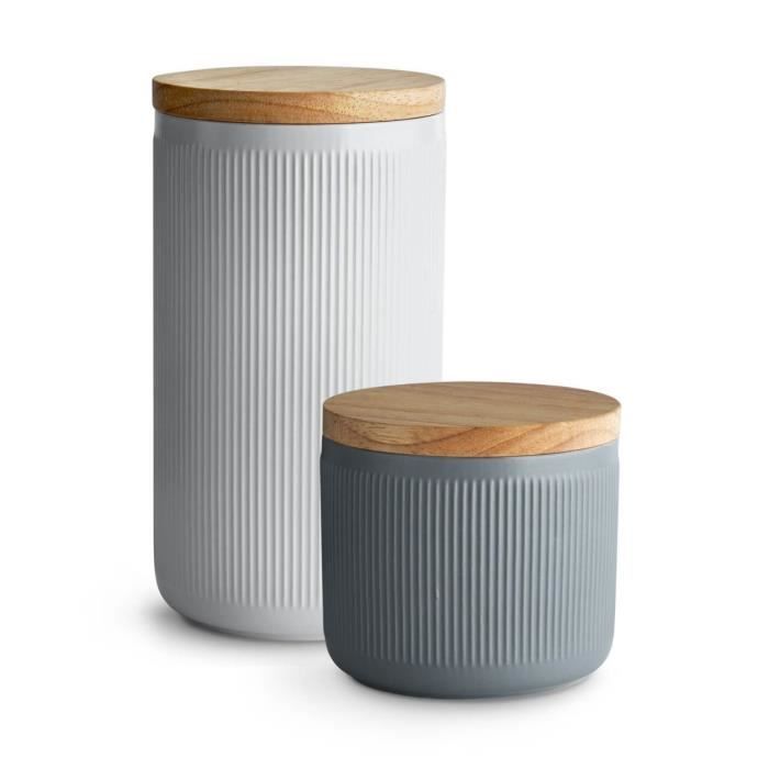 Boîte de conservation en céramique avec couvercle en bois, gris, 2 parties