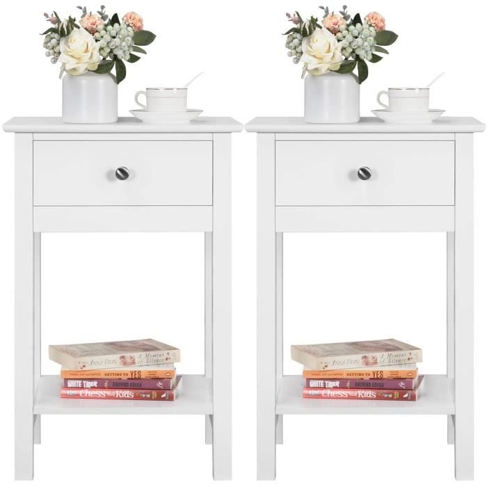 Lot De 2 Tables De Chevet Yaheetech - Blanc - Bois MDF - Avec 1 Tiroir - Contemporain