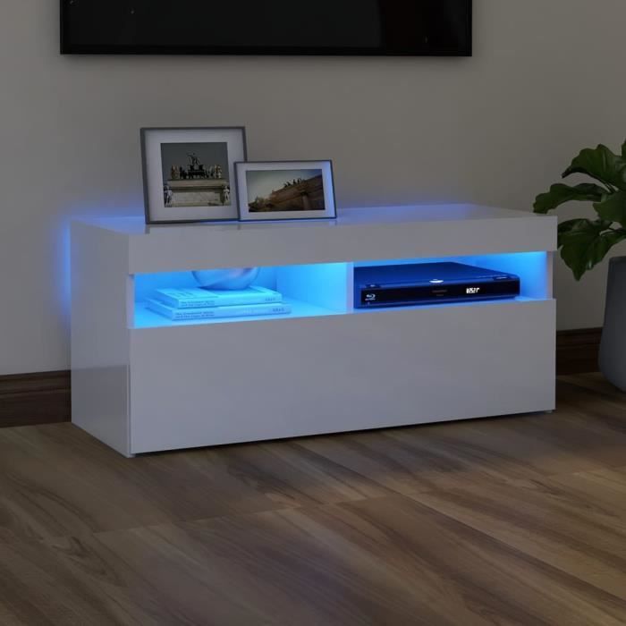 Meuble TV LED Blanc brillant 90x35x40 cm - 32711 - Salon - Porte(s) et tiroir(s) - Contemporain - Design
