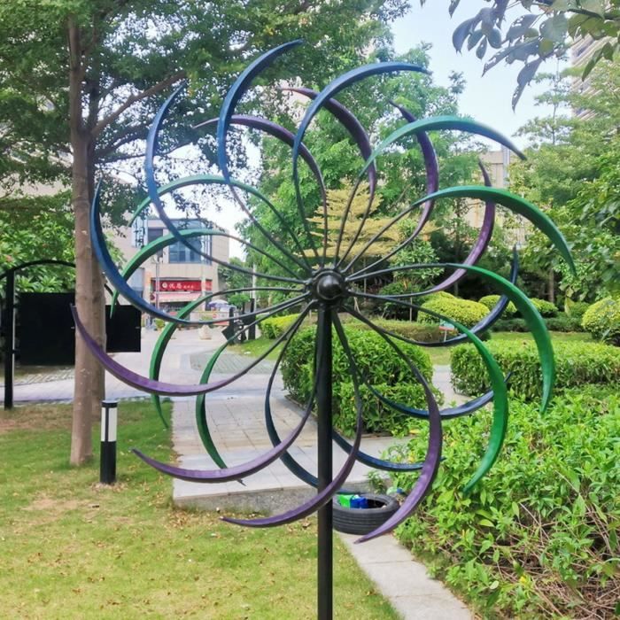 Moulin à Vent Jardin TITA-DONG - Sculpture Cinétique Métal 68cm - Bleu - Décoration Extérieure Résistante Aux Intempéries