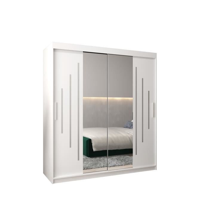 Armoire de Chambre MALTESE 1 Blanc 180 avec 2 Portes Coulissantes avec Miroir Penderie (Tringle) avec étagères Sans tiroirs