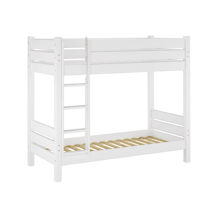 Lit superposé pour adultes en pin blanc très stable 100x200 avec sommiers à lattes en bois 60.16-10W Lit superposé pour adultes en pin blanc très stable 100x200 avec sommiers à lattes en bois 60.16-10W