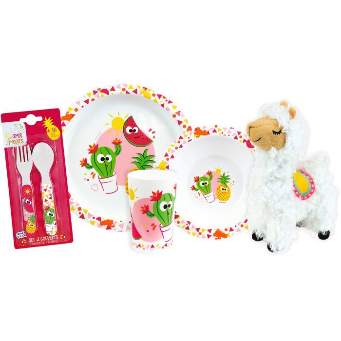 Lot vaisselle - FUN HOUSE - LES AMIS FRUITS - Verre Assiette creuse Ø16 cm Assiette plate Ø22 cm Couverts Peluche 27 cm