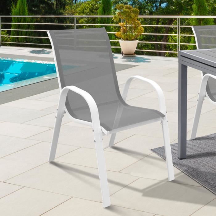 IDMARKET Lot de 4 chaises de jardin LYMA métal et textilène empilables blanc et gris