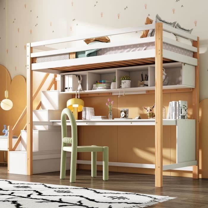 MISNODE Lit mezzanine pour enfants 90*200cm, en bois de pin,, Lit bébé avec grand bureau et étagères, naturel et blanc