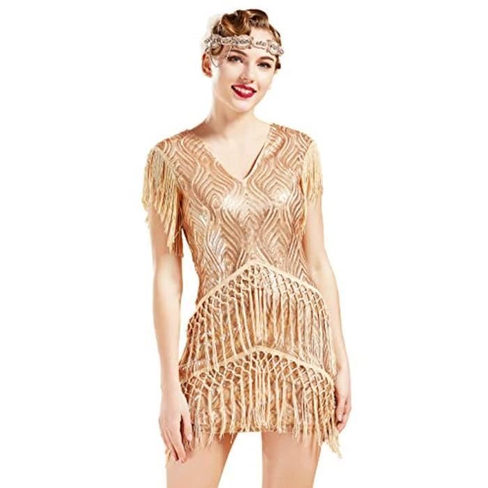 Robe Gatsby Années 1920 PLULON - Tenue Soirée Avec Accessoires (Gants, Collier, Bandeau), Taille S-4XL