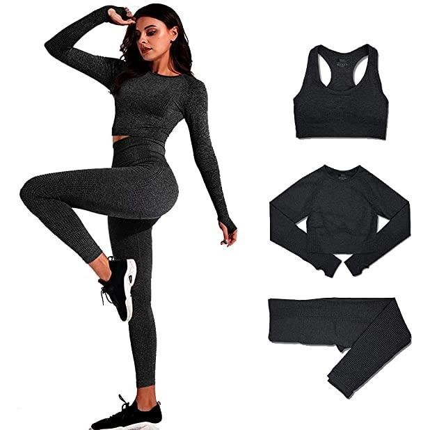 Ensemble de Vetements Femme de Yoga Marque Inconnue NOIR S Manches longues Respirant Taille haute