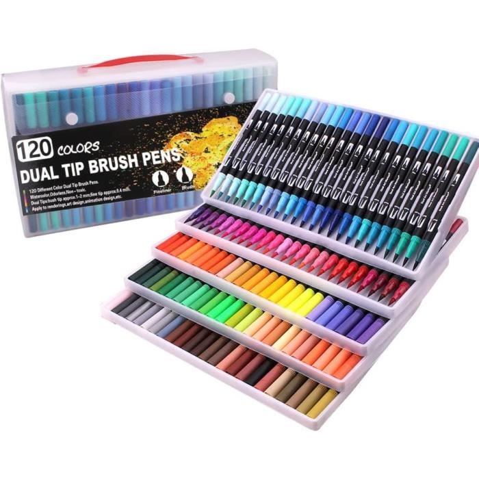 24 couleurs feutres pinceaux, stylo feutre coloriage double pointe fine 0.4mm et 1-2mm, feutres