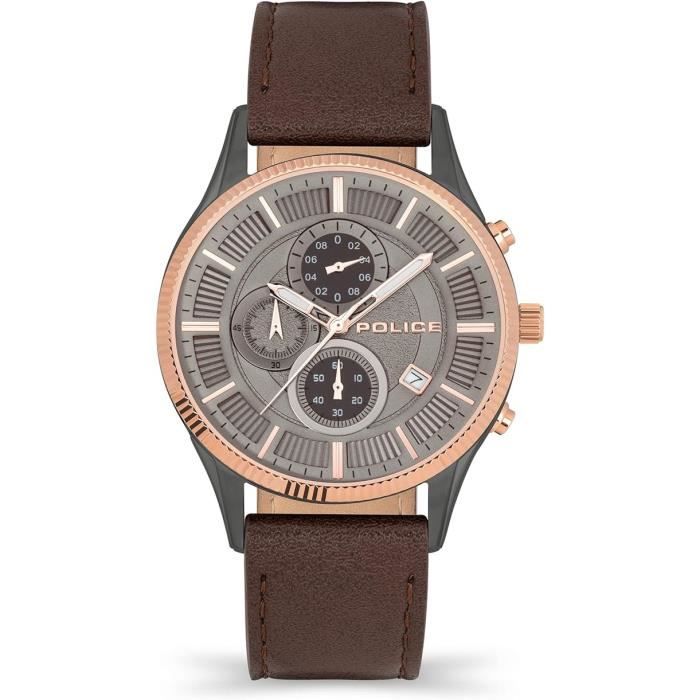 Montre - POLICE - Vault PEWJC2194241 - Quartz - Homme - Acier inoxydable - Gris - Cuir Marron