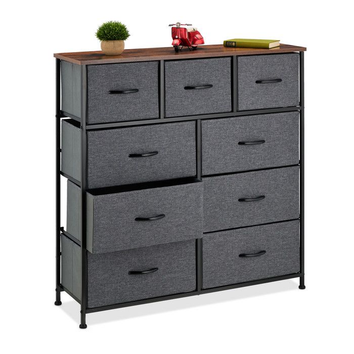 Relaxdays Commode HxLxP: 100x100x30 cm métal effet bois 9 tiroirs tissu bahut buffet moderne plusieurs couleurs