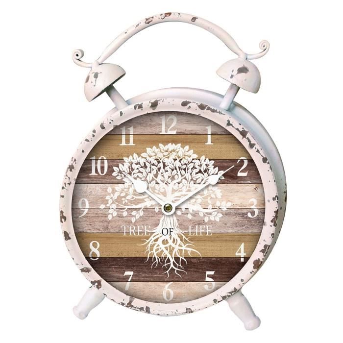Horloge de bureau décorative imitation réveil vintage métal usé blanc avec arbre de vie, décoration rustique et élégante pour