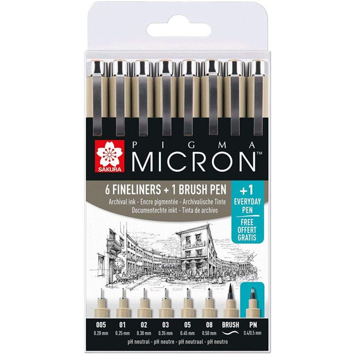 Set De Stylos à Encre Pigma Micron Sakura - 7 Pointes (005 à Brush) Pour Dessin, Manga, Illustration | Encre Permanente, Ne Baume Pas