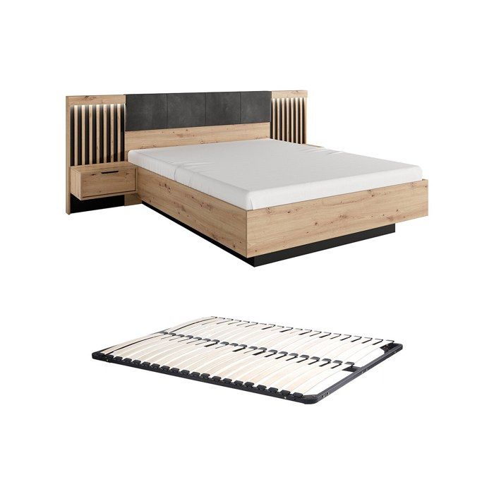 Lit avec chevets 160 x 200 cm - Avec LEDs - Coloris : Naturel et noir + Sommier - ARIADA