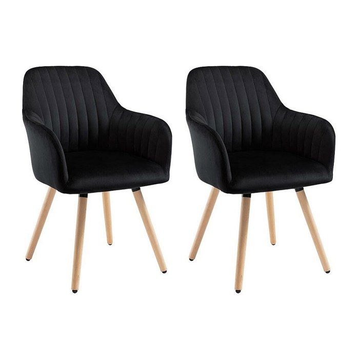 Lot de 2 chaises avec accoudoirs en velours et pieds bois de hêtre - Noir - ELEANA