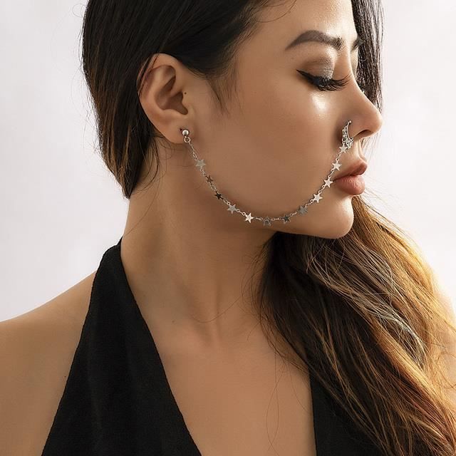 Piercing au nez,0037 Silver--Pince nez sans Piercing pour femmes, bijoux  créatifs en perle, étoile, feuille, chaîne, boucles'oreille