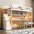 MISNODE Lit mezzanine pour enfants 90*200cm, en bois de pin,, Lit bébé avec grand bureau et étagères, naturel et blanc-1