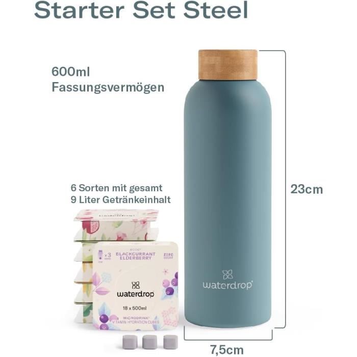 waterdrop® Starter Set Steel - 1 gourde 600 ml + 18 Microdrinks à