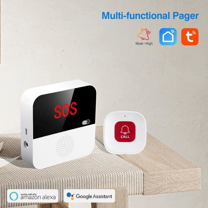 Système Alarme Personnes Agées Chatthen - Bracelet SOS Wi-Fi 2.4GHz - Compatible Smart Life/Alexa - 1 Émetteur + 1 Récepteur