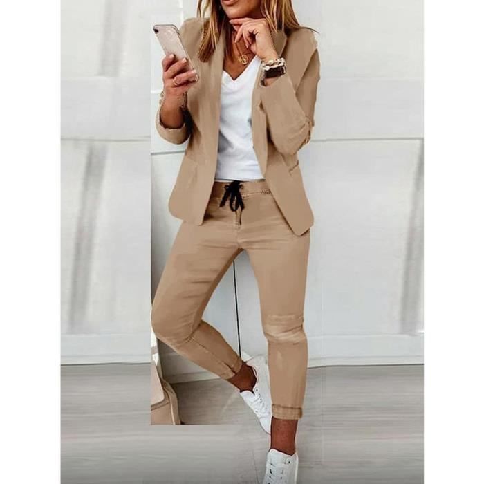 Tailleur Femme Couleur Unie Kaki Ensemble Blazer et Pantalon Slim Fit