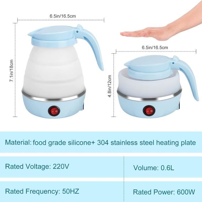 Bouilloire électrique Pliable 600 Ml - Silicone Alimentaire + Fond Inox 304 - Chauffage Rapide 5 Min - Idéale Voyage, Camping, Bureau