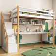 MISNODE Lit mezzanine pour enfants 90*200cm, en bois de pin,, Lit bébé avec grand bureau et étagères, naturel et blanc-2
