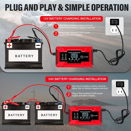 Chargeur De Batterie Voiture Intelligent 6-24V 10A - Pour Batteries Plomb, AGM, Gel - Affichage Numérique