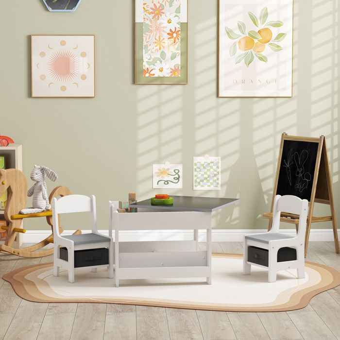 KOMFOTTEU Ensemble Table + 2 Chaises Enfant MDF – Gris Blanc Avec Rangement 4 En 1