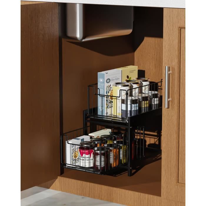 FAOKZE Rangement Sous Évier 2 Niveaux - Organisateur Coulissant Cuisine Métal, Tiroirs Extensibles