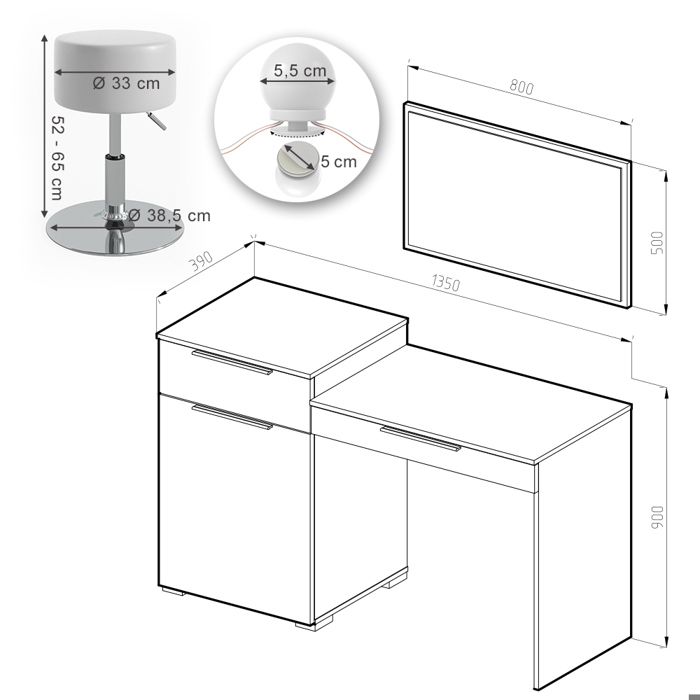Coiffeuse table maquillage blanc brillant + LED + Tabouret manucure - Ciel & terre Commerce