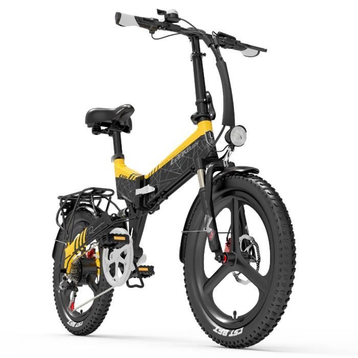 LANKELEISI G650 20 pouces Velo electrique pliant moteur 500 W batterie 12 8 Ah Shimano 7 vitesses suspension totale jaune Cdiscount Sport