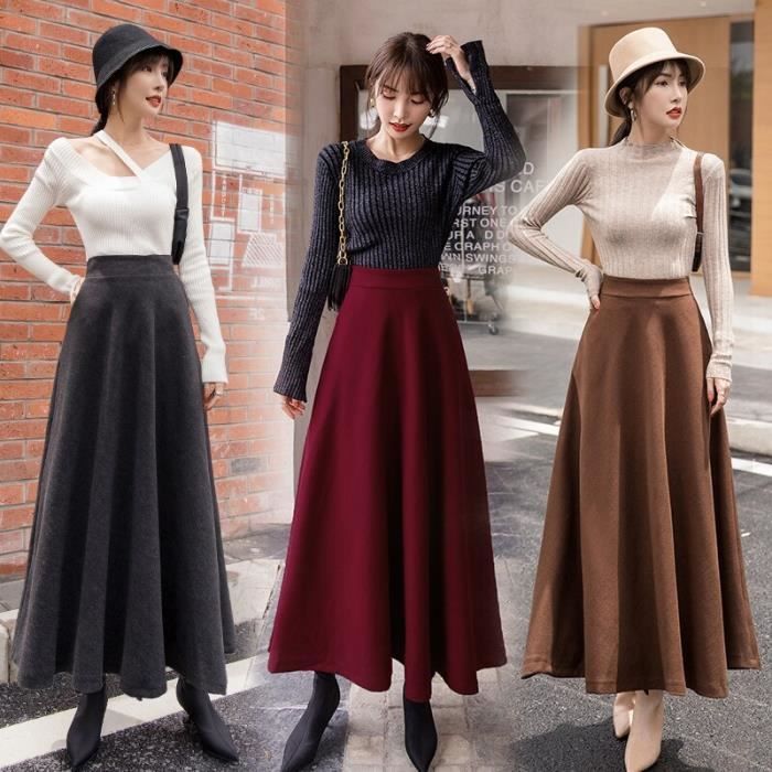 Jupe Jupe trapeze longue en laine elastique pour femme tenue de bureau elegante Design chaud imprime a carreaux Type Khaki