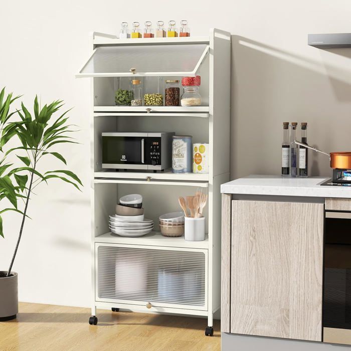 Armoire De Cuisine 5 Niveaux GIANTEX - Étagère Haute 60x32x154 Cm Avec Portes PC Rabattables, Roulettes Et Anti-Basculement