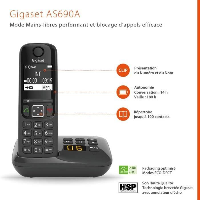 Téléphone Gigaset AS690 Sans Fil – Base + Chargeur + Câble ADSL – Noir – Occasion