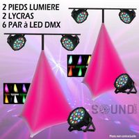 PACK DJ 6 LIGHT incluant 2 PIEDS LUMIERE + 2 LYCRAS BLANCS + 6 PROJECTEURS PARLED DMX PUISSANT PA DJ SONO MIX DECO SALLE BAR CLUB