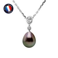 PERLINEA - Collier Perle de Tahiti A+ - Poire 8-9 mm - Oxyde de Zirconium Poire - Argent 925 Millièmes - Bijoux Femme