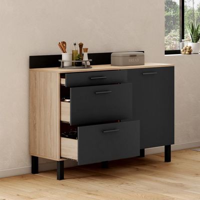 Buffet Bas De Cuisine VITO 120 Cm Blanc Et Bois - 1 Porte + 3 Tiroirs, Plan De Travail à 83 Cm - Rangement Optimisé, à Monter Soi-même - 3