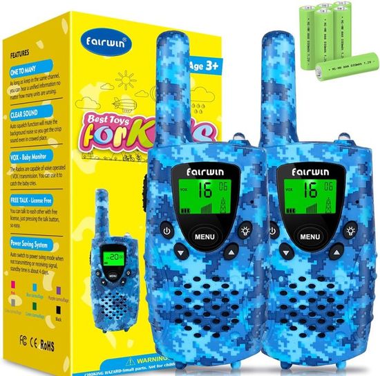 Talkie-walkie Enfants Rechargeable – 16 Canaux, 3 Km, VOX Mains Libres, Lampe LED – Lot De 2 – Dès 3 Ans