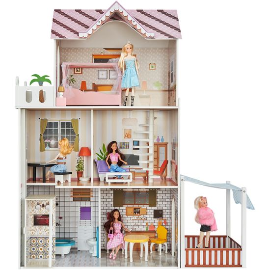 Maison de Poupée - DUOKU - Maison de Jeu Moderne - 7 Pièces - Rose - À Monter Soi-même - Jeux - Jouets