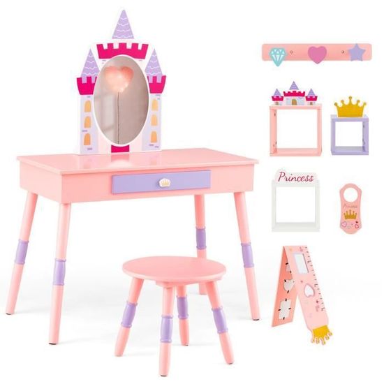 COSTWAY Coiffeuse Enfants avec Miroir Amovible et Tabouret,Table