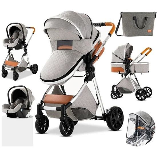 Poussette 3 en 1 Bébé Combinée Siège-Auto Landau Nacelle Réglable Sac à Langer Haute Qualité Poussette Canne Gris Clair