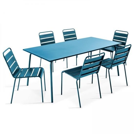 Ensemble table de jardin et 6 chaises en acier Palavas OVIALA - Bleu Pacific