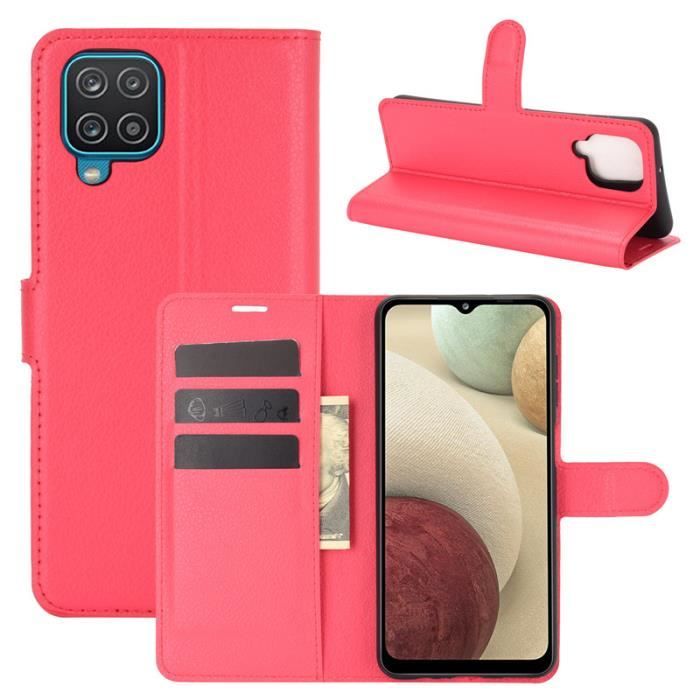 Étui Housse Samsung Galaxy A12, Integral Étui Folio Cuir Silicone Élégant Protection Antichoc Anti-rayures, Rouge