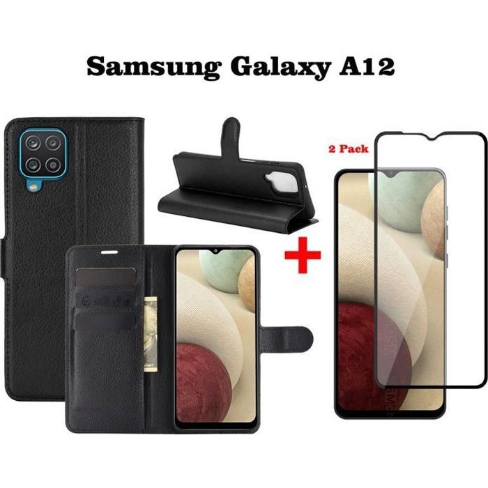 Haute Qualité Housse Galaxy A12 Luxe Étui à rabat Housse Noir + HD Verre Trempé Samsung Galaxy A12 Protection Écran