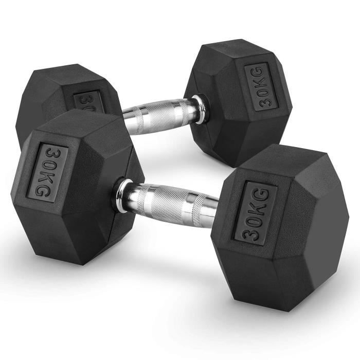 CAPITAL SPORTS Hexbell - Paire d'haltères courts pour musculation, cross-training… (caoutchouc résistant, prise chromée) - 2x 30kg