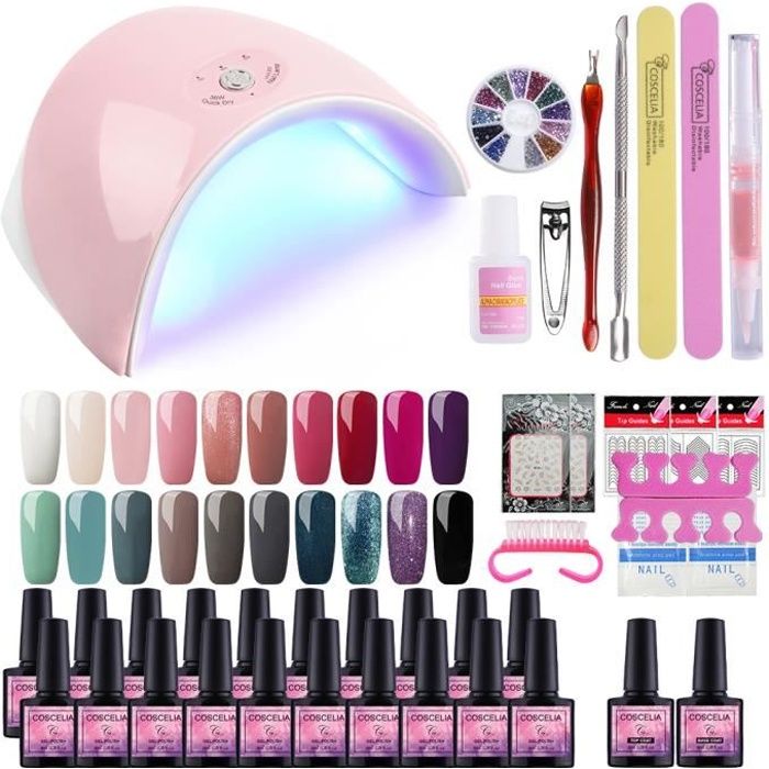 Coscelia Kit Vernis Semi Permanent Manucure 20 Couleur Gel UV 36W Lampe UV Gel Polish Top Coat Base Coat Strass Stickers Dissolvant