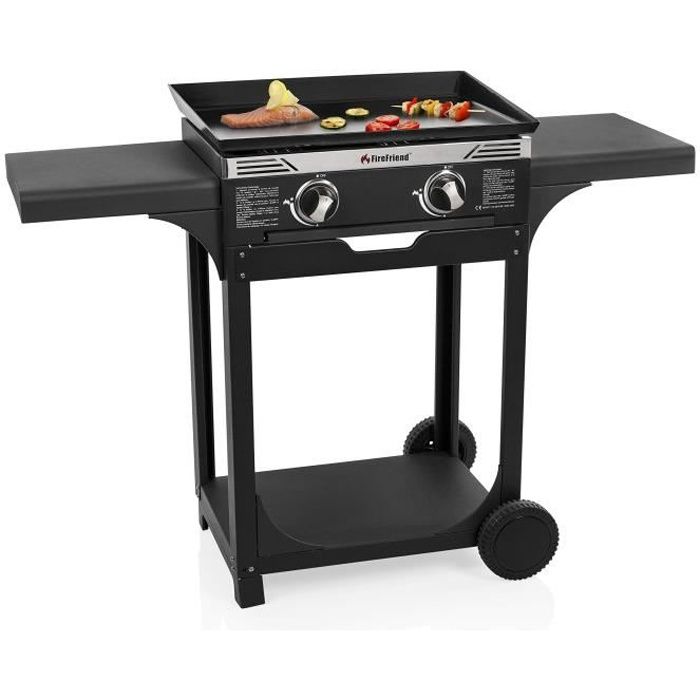 Fire Friend Plancha gaz FireFriend BQ-6348F - 2 brûleurs - Acier émaillé - Chariot Inclus, Noir
