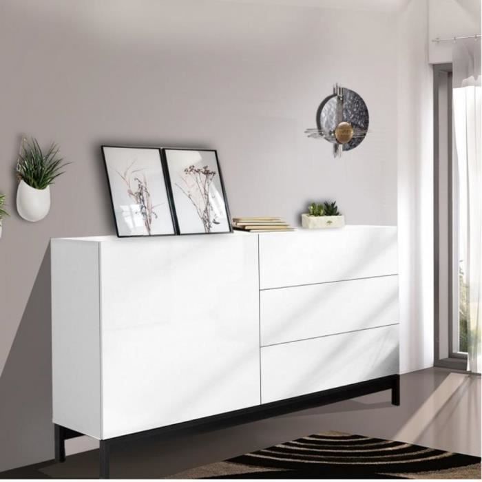 Buffet design METIS 110 cm Finition blanc laqué brillant 3 tiroirs 1 porte blanc Inside75