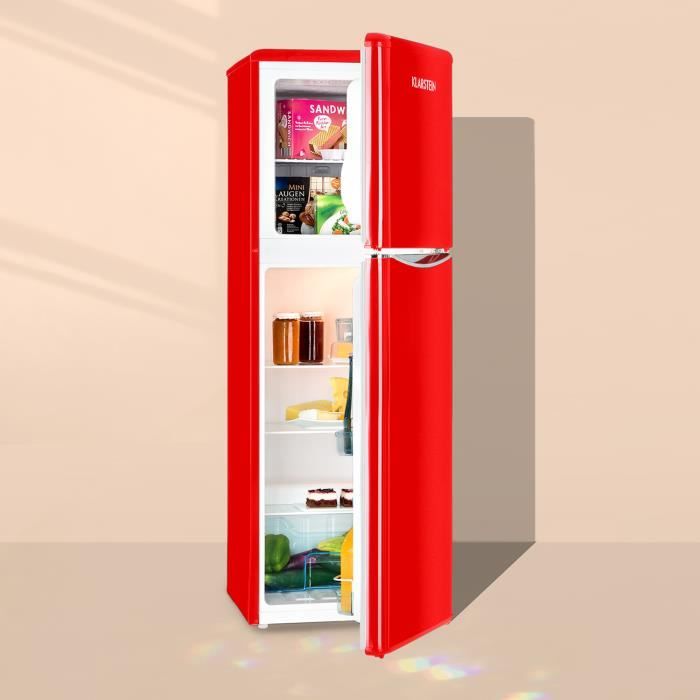 Klarstein Monroe XL Red Combiné Réfrigérateur & congélateur 97l - 39l - Look rétro rouge - 41dB - 70W - Classe énergétique A+