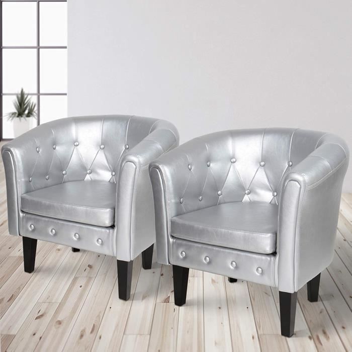 MIADOMODO® Fauteuil Chesterfield - Lot de 2, Simili Cuir, Bois, 58x71x70cm, Argenté - Chaise, Cabriolet, Meuble de Salon